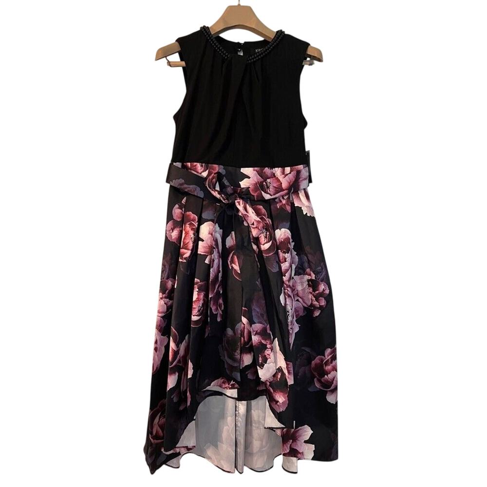 Ignite Evenings High Low Dress Black Floral Belt Sleeveless Formal Party Size 8